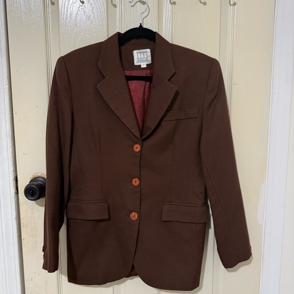Vintage Emblem Brown Blazer with Shoulder Pads – Size 7 - Picture 4 of 13